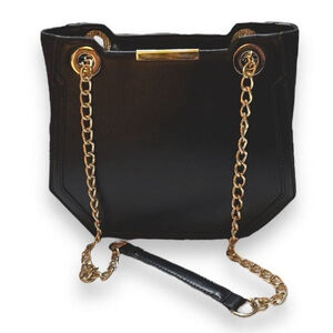 Melie Bianco Geometric Vegan Leather Black Shoulder Bag with gold chains
